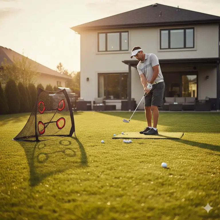A professional golfer using a golf chipping net for home practice on a sunny backyard lawn.