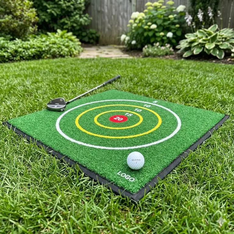 A high-quality golf chipping target mat laid out on a backyard lawn, ready for practice.