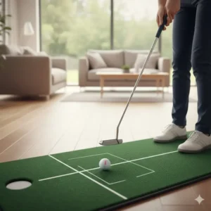 Close up of an alignment aid on a golf putting trainer for beginners to improve accuracy.