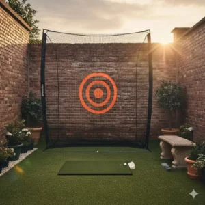A compact golf net for small backyard installations placed perfectly against a brick wall.