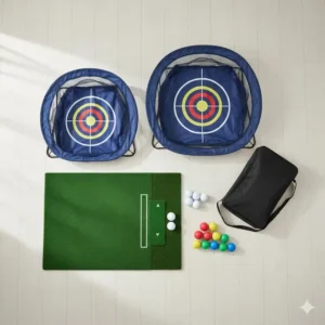 Overhead view of a complete golf chipping practice set including pop-up nets, foam balls, and a carrying bag.