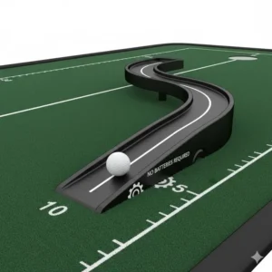 Close-up illustration of the continuous ball return track on an automatic return putting mat.