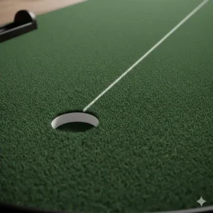 Close-up illustration of the high-quality synthetic turf on an indoor golf putting mat simulating a real green.