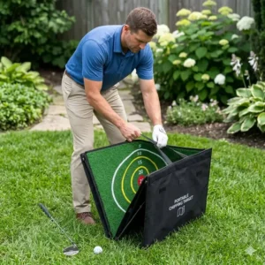 A golfer folding up a portable golf chipping target mat for easy storage.