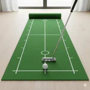 Top-down view of a golf putting mat with alignment lines showing the start position and target path for practice.