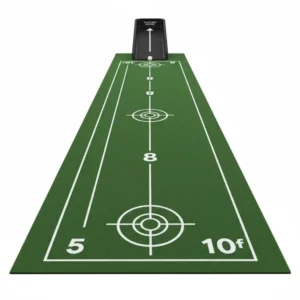 Top-down view of an automatic return putting mat showing printed distance markers and alignment lines.