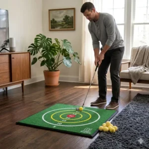 A compact golf chipping target mat set up in a living room for indoor practice.