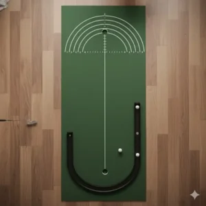 Top-down view of an indoor golf putting mat featuring printed alignment guides and distance markers for practice.