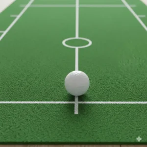 Close-up of the high-quality turf on a golf putting mat with alignment lines designed for realistic green speeds.