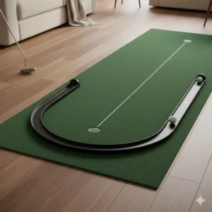 Illustration showing the gravity-fed automatic ball return track on a wooden indoor golf putting mat.