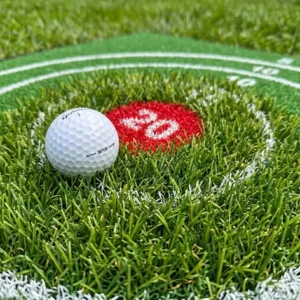 Close-up view of the durable artificial turf on a premium golf chipping target mat.