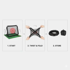 Demonstration of how to fold and store a portable golf chipping net for home practice.