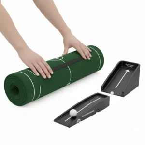 Illustration showing how the automatic return putting mat easily folds for storage and portability.