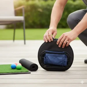 The compact, folded version of a golf chipping practice set being placed into a travel carrying case.