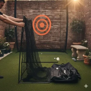 Demonstration of how to fold a portable golf net for small backyard storage.