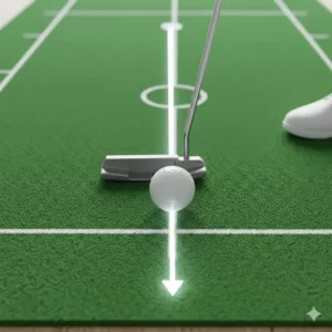 Side view of a putter head following the printed guides on a golf putting mat with alignment lines.