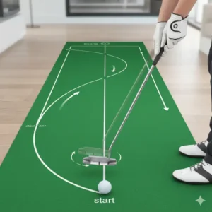 Visual guide showing the correct swing path on a specialized golf putting trainer for beginners.