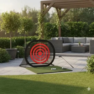 A weather-resistant golf chipping net for home practice placed on an outdoor patio.