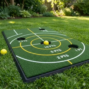 A golf chipping target mat featuring multiple point-scoring target zones and holes.