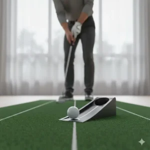 Using a pressure putt golf putting trainer for beginners to master distance control and speed.