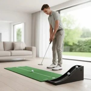 An automatic ball return system integrated into a golf putting trainer for beginners for efficient training.