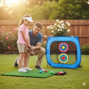 A beginner golfer using a golf chipping practice set to improve their short game technique.