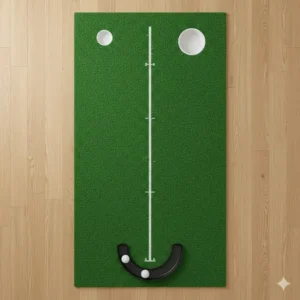 Illustration of an indoor golf putting mat with two different sized holes to challenge putting accuracy.