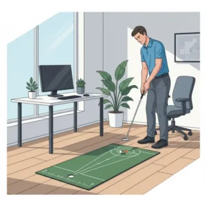 An automatic return putting mat placed next to a desk for a quick office break activity.