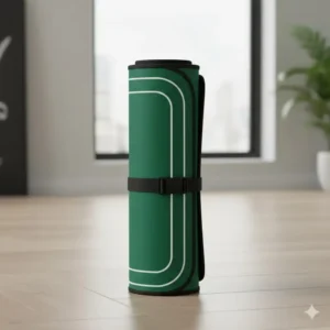 A rolled-up portable golf putting mat with alignment lines showing its compact storage and travel capability.