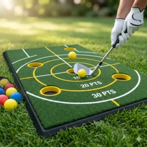 A golfer using foam practice balls on a golf chipping target mat to improve accuracy.