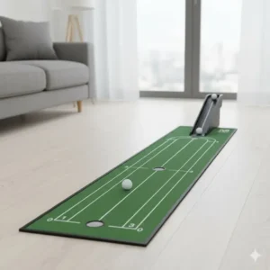 Automatic ball return system attached to a golf putting mat with alignment lines for continuous practice sessions.