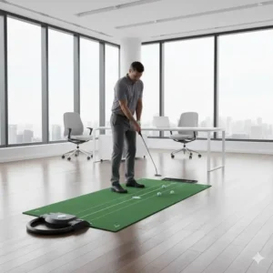 A golfer practicing their short game on an indoor golf putting mat during a break in a corporate office.