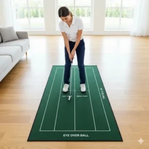 Top-down view showing proper stance and foot positioning on a golf putting trainer for beginners.
