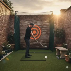 Side view of an athlete hitting a ball into a golf net for small backyard swing practice.