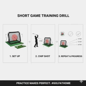 Step-by-step short game training drill using a golf chipping net for home practice.