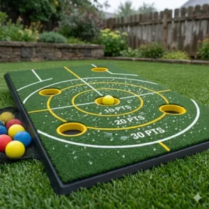 A rugged, all-weather golf chipping target mat designed for outdoor backyard use.
