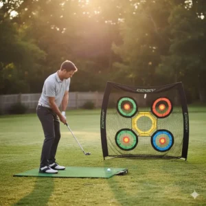 An action shot of a golfer chipping a ball toward a multi-target golf chipping practice set.