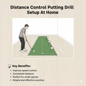 A golfer practicing distance control drills using the best putting mat for home in a living room.
