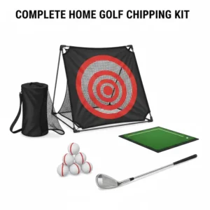 A complete set including balls, a mat, and a golf chipping net for home practice.