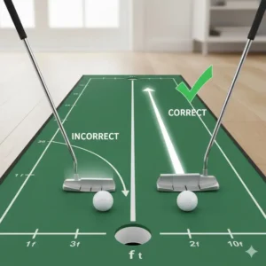 An illustration showing how a golf putting mat with alignment lines helps correct an open or closed putter face.