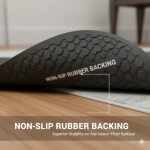 Diagram showing the heavy-duty non-slip rubber backing of an indoor golf putting mat for stability on hardwood floors.