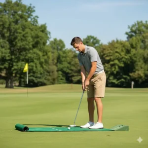 A lightweight and portable version of a golf putting trainer for beginners being used on a grass green.