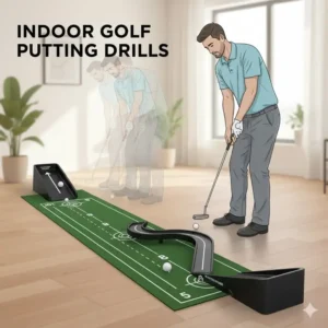 Illustration of a golfer practicing repetitive strokes using an automatic return putting mat to build muscle memory.