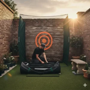 A golf net for small backyard neatly packed into its carrying bag for space-saving storage.