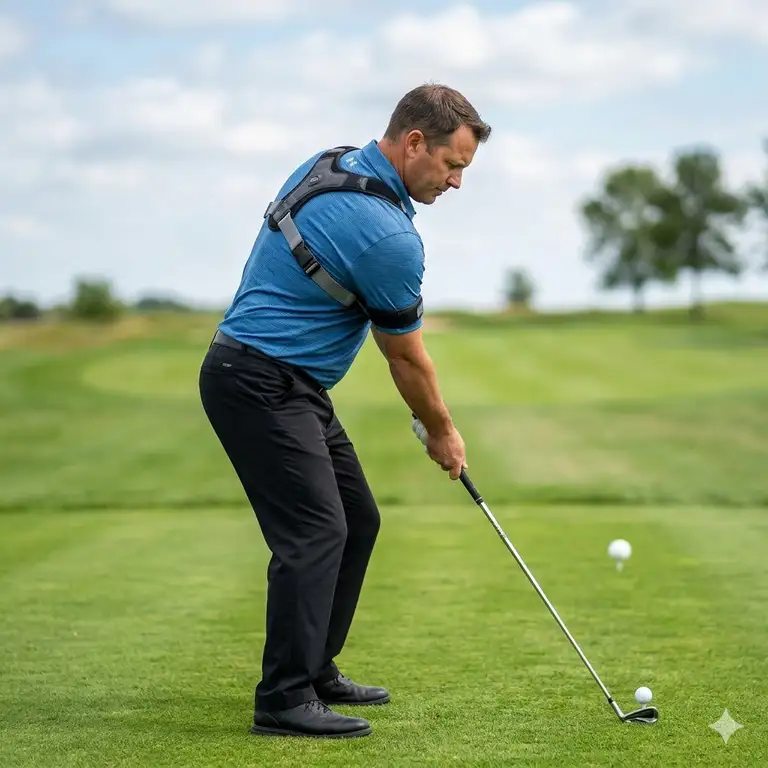 A professional golfer using a modern golf posture trainer on a green to maintain perfect spine angle and shoulder alignment during a swing.