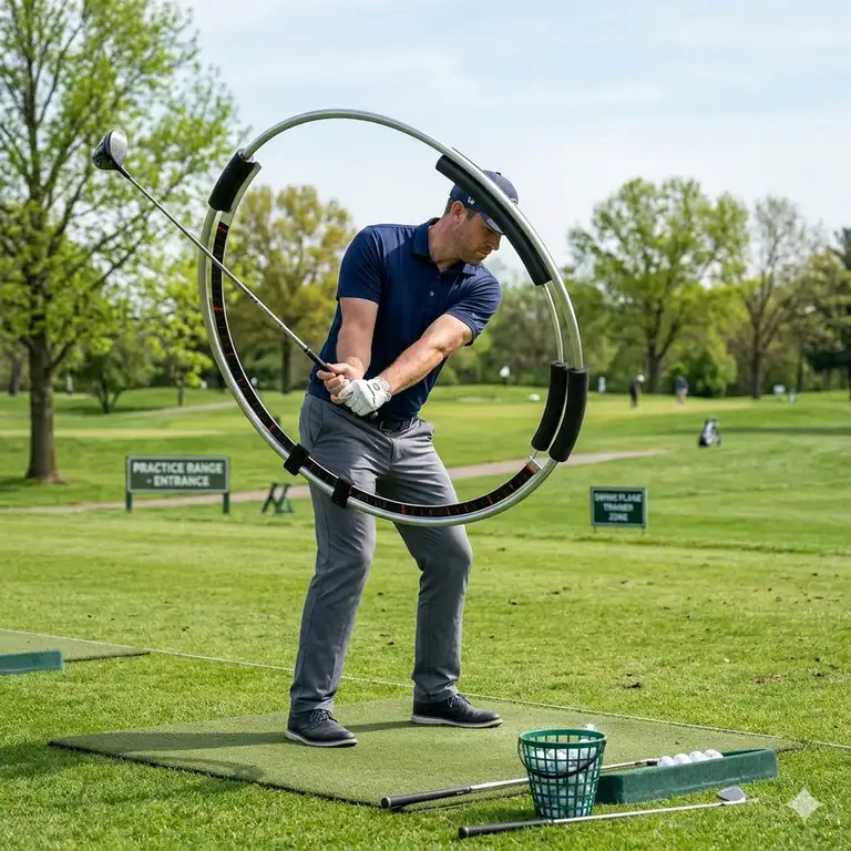 A professional golfer using a circular golf swing plane trainer on a practice green to improve swing path consistency.