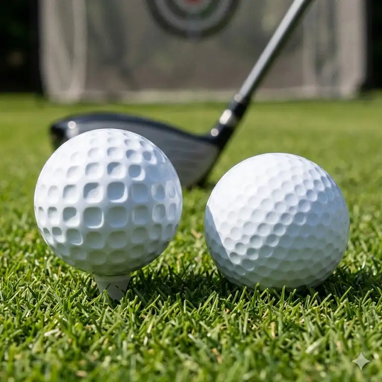 A professional side-by-side comparison of standard balls and limited flight golf balls on a grass tee.