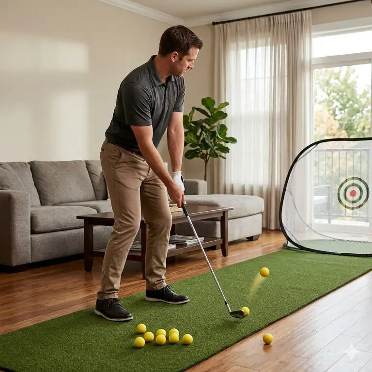 A man hitting foam golf balls indoor practice on a green mat in his living room.