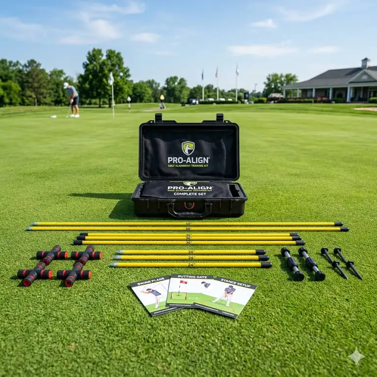 A comprehensive golf alignment training kit set including rods and connectors displayed on a green turf.