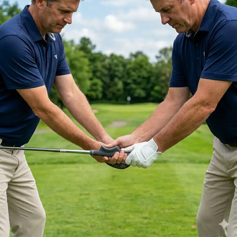 A golfer practicing their swing on the course using a golf grip trainer aid to maintain perfect hand positioning.